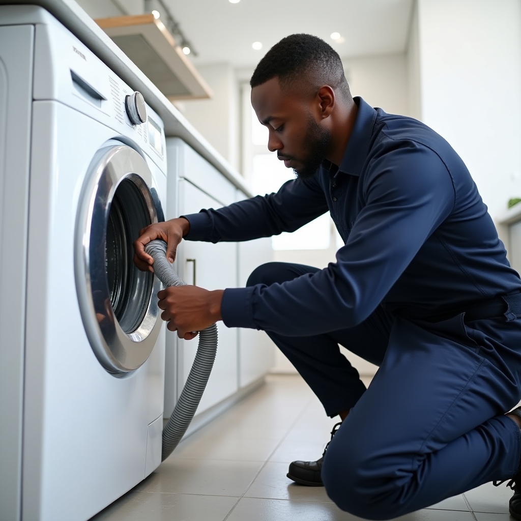 Tecnico che installa una lavatrice collegando i tubi di scarico e alimentazione idrica