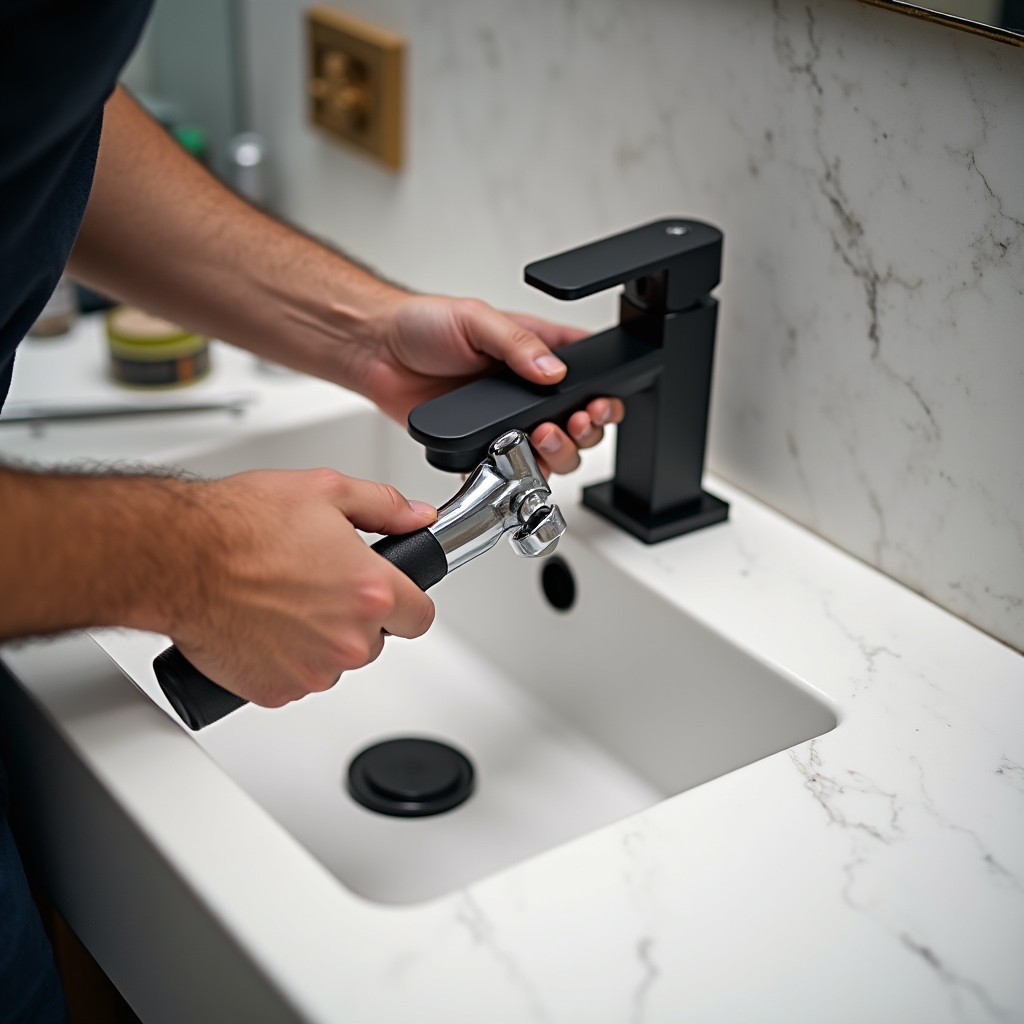 Tecnico che monta un miscelatore nuovo su un lavandino da bagno con chiave inglese
