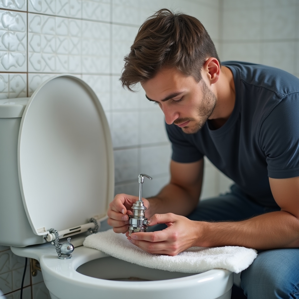 Tecnico che ripara il meccanismo interno di una cassetta WC con strumenti specifici