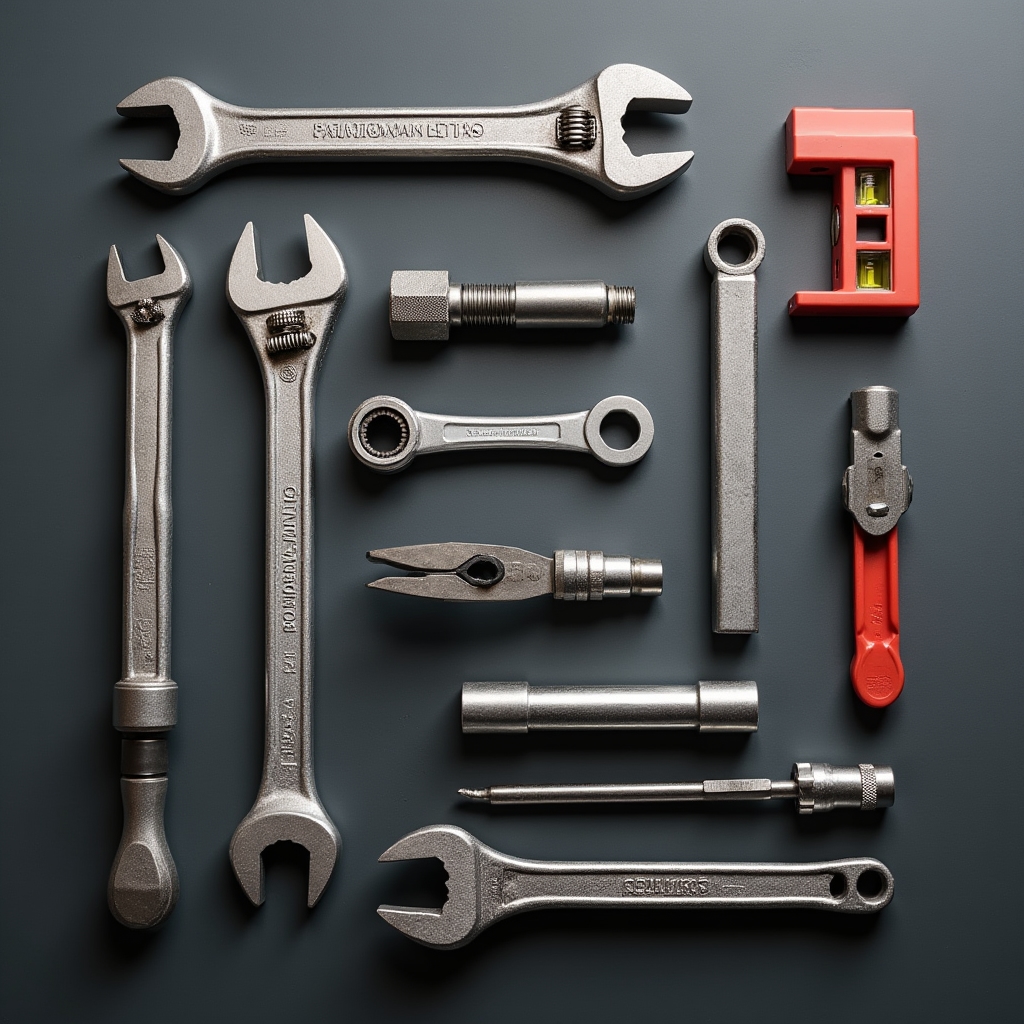 Set completo di strumenti idraulici professionali disposti ordinatamente su un piano di lavoro