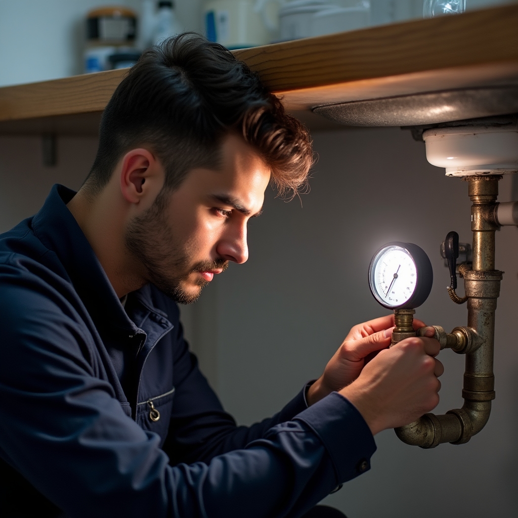 Tecnico idraulico che verifica la pressione dell'impianto con un manometro professionale dopo la riparazione